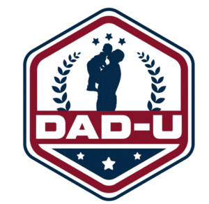A red white and blue logo for dad-u
