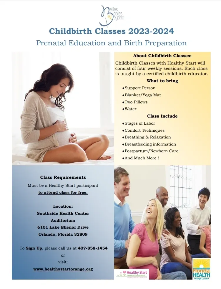 A poster with several different people and some of the words prenatal education and birth preparation.