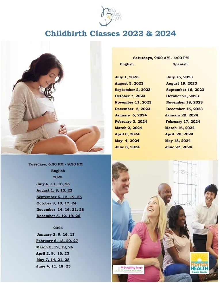 A collage of different classes and dates for childbirth.